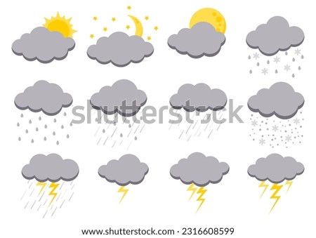 Clouds rain bad weather icon set isolated on white background. Illustration of rain, shower, lightning thunder and thunderstorm. Rainy cloud vector collection in flat style.