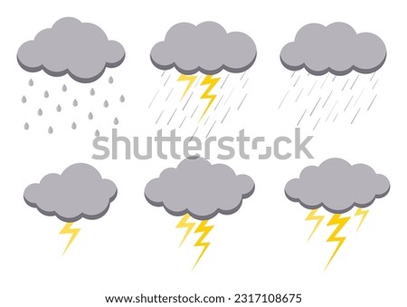 Clouds with rainy weather icon set isolated on white background. Illustration of light rain, shower, lightning thunder and thunderstorm. Rainy cloud vector collection in flat cartoon style.