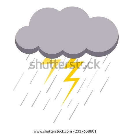 Cloud rain and lightning bad weather icon isolated on white background. Meteorology illustration of  thunderstorm. Rainy cloud vector image in flat style.