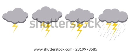 Clouds rain thunderstorm bad weather icon set isolated on white background. Illustration of rain, shower, lightning thunder and thunderstorm stage. Rainy cloud vector collection in flat style.