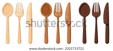Wooden cutlery - fork spoon and knife flat design icon set isolated on white background. Top view different color wood tableware - spoon, fork, knife. Vector cartoon style kitchenware illustration.