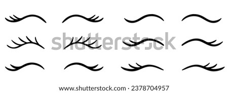 Closed eye with eyelashes cute vector icon set for cartoon character illustration. Sleep girl or unicorn long eyelash line simple face part graphic makeup mascara symbol. 