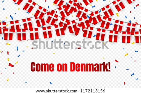 Denmark garland flag with confetti on transparent background, Hang bunting for celebration template banner, Vector illustration.