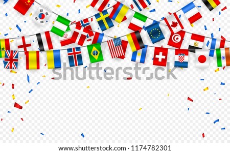 Colorful flags garland of different countries of the europe and world with confetti. Festive garlands of the international pennant. Bunting wreaths. Vector banner for celebration party, conference.