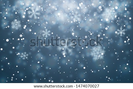 Christmas snow. Falling snowflakes on blue background. Snowfall. Vector illustration.