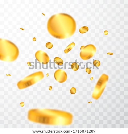 Realistic gold coins explosion isolated on transparent background. Vector illustration.