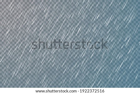 Rain drops on transparent background. Falling water drops. Nature rainfall. Vector illustration.
