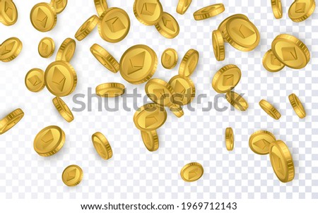 ETH. Ethereum gold coins explosion isolated on transparent background. Cryptocurrency concept. Vector illustration.