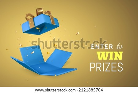 Open blue Gift Box and Confetti on yellow background. Enter to Win Prizes. Vector Illustration. Foto d'archivio © 