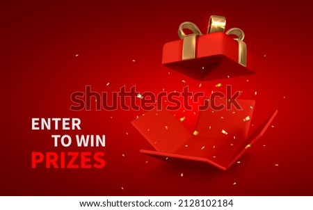 Open red Gift Box and Confetti on red background. Enter to Win Prizes. Vector Illustration.