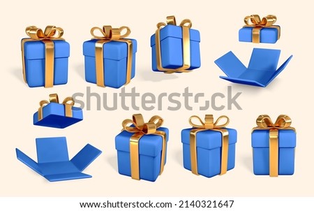3D realistic blue gift boxes with golden bow. Paper boxes with ribbon and shadow isolated on white background. Vector illustration.