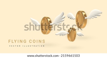 3d flying golden coin with wings isolated on a white background. Vector illustration.