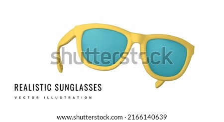 Realistic 3d yellow sunglasses  on white background. Summertime object. Vector illustration.