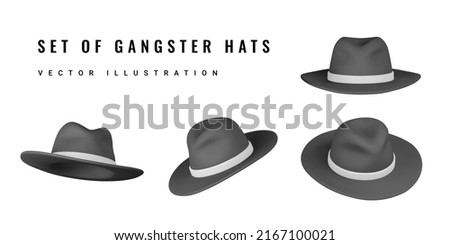 Set of 3D realistic gangster hat. Mens hat. Black fedora hat with white ribbon. Trilby hat. Vector illustration.