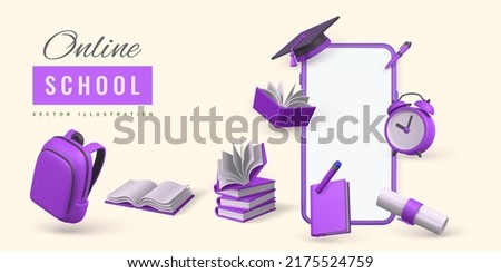Online school concept. Phone with books, pencil, alarm clock, graduation cap and diploma. Vector illustration.