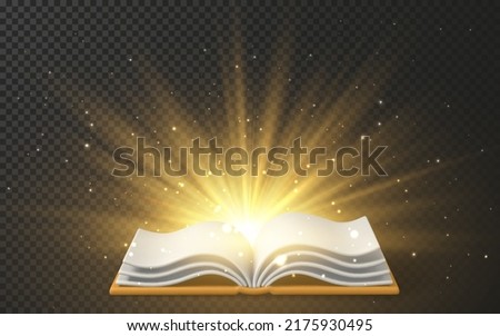 Open magic book with light sparkles and glitter. Fairytale book with open pages. Vector illustration.