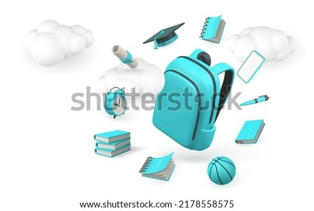 Back to school concept. School bag with book, pencil, alarm clock, graduation cap and diploma. Vector illustration.