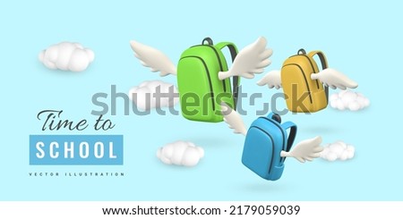 Time to school promo banner design. 3d realistic school bag with wings fly in clouds. Vector illustration.