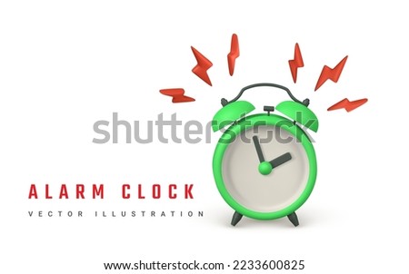 Cute cartoon alarm clock with lightning. 3d realistic table clock with shaddow. Vector illustration.