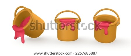 3d realistic yellow bucket of red paint in cartoon style. Vector illustration.