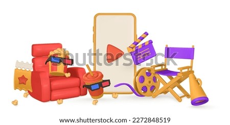 Cinema and Movie time. Banner with phone, film reel, director chair, loudspeaker, clapperboard, bucket of popcorn, armchair,  ticket, 3d glasses and paper cup. Vector illustration.