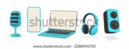 3d realistic microphone, smartphone, laptop, headphone and audio speaker in plastic cartoon style. Vector illustration.