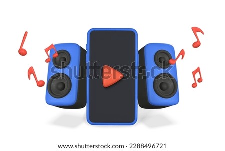 3d realistic smartphone and audio speaker with music notes in plastic cartoon style. Vector illustration.