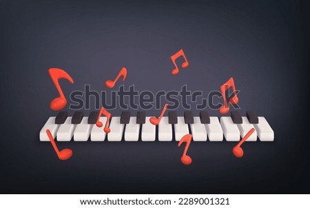 3d realistic piano keys. Musical instrument keyboard with music notes. Vector illustration.