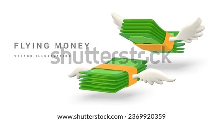 3D green flying stack of money with white wings in cartoon style. Business and finance object for banner design. Vector illustration.