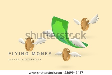 3D green flying dollar and gold coins with white wings in cartoon style. Business and finance object for banner design. Vector illustration.