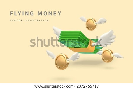 3D green flying stack of money and gold coins with white wings in cartoon style. Business and finance object for banner design. Vector illustration.