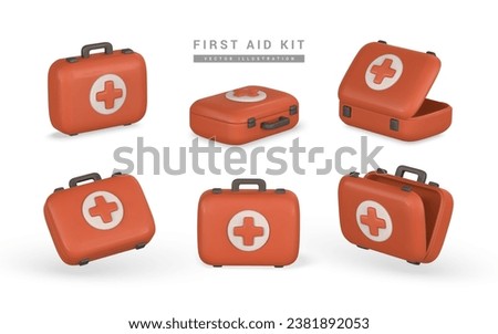 3d realistic first aid kit, emergency box in cartoon style. Hospital doctor care bag. Symbol of safety, urgency help. Pharmacy advertisement. Vector illustration.
