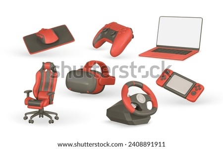 3d realistic gamer accessories and equipment set. VR glasses, laptop, steering wheel, game pad, headphones. Vector illustration.