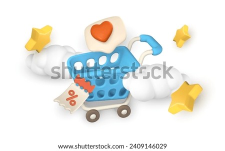 3d online shopping banner in cartoon style. Shopping cart, clouds, star and discount coupon. Vector illustration.