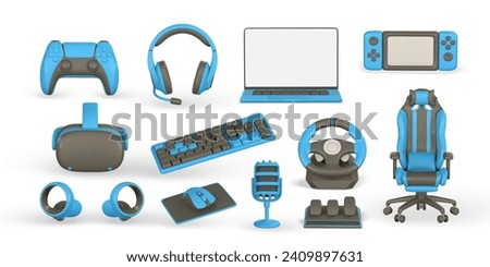 3d realistic gamer accessories and equipment set. Laptop, steering wheel, keyboard, mouse, microphone, headphones, chair, VR glasses, game pad. Vector illustration.