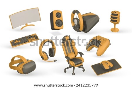 3d realistic gamer accessories and equipment set. Monitor, speaker, steering wheel, keyboard, mouse, microphone, headphones, chair, VR glasses, game pad. Vector illustration.