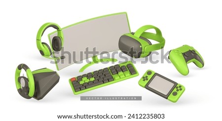 3d realistic gamer accessories and equipment set. Monitor, steering wheel, keyboard, mouse, headphones, VR glasses, game pad. Vector illustration.