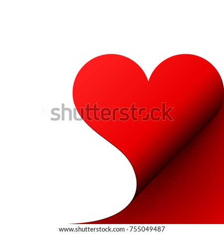 Paper red heart curled corner, vector.