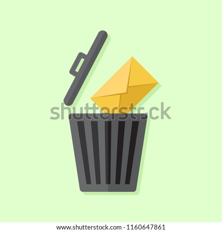 Delete email or message, trash icon and e-mail icon with green background, flat design illustration