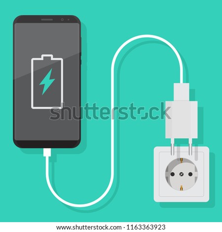 Smartphone charger adapter and electric socket, notification of the battery being charged, flat design illustration