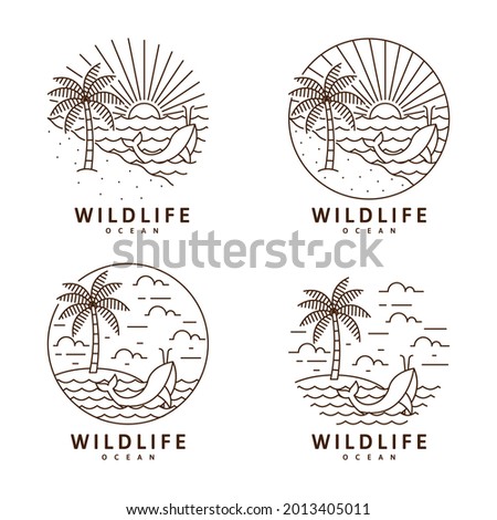 Set of beach and whale illustration monoline or line art style vector design