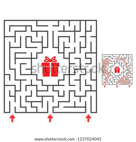 Abstract square maze. Find the path to the gift. Game for kids. Puzzle for children. Labyrinth conundrum. Flat vector illustration isolated on white background. With answer
