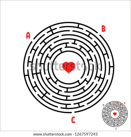 Black round maze. Game for kids. Children's puzzle. Many entrances, one exit. Labyrinth conundrum. Simple flat vector illustration isolated on white background. With place for your image.