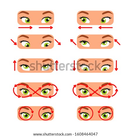 A set of exercises for the eyes. For better vision, relaxation, stretching, focus, training the eye muscles. Cartoon style. Color vector illustration isolated on white background.