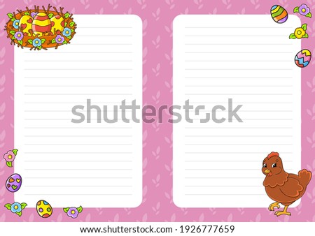 Easter theme. Colored sheet template for notes. Paper page for art journal, notebook, diary, letters, schedule, organizer. Cute cartoon character. Lined sheet. Vector illustration.