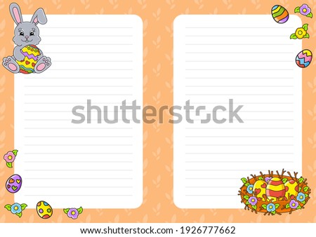 Easter theme. Colored sheet template for notes. Paper page for art journal, notebook, diary, letters, schedule, organizer. Cute cartoon character. Lined sheet. Vector illustration.