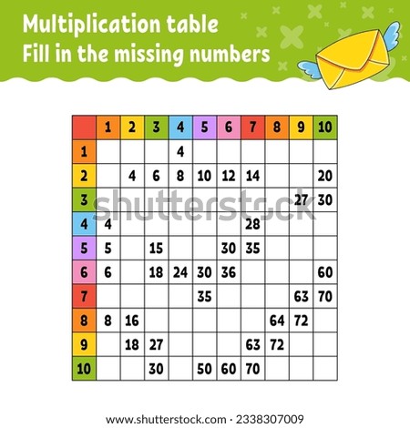 Paste the missing numbers. Learning multiplication table. Handwriting practice. Education developing worksheet. Color activity page. Game for children. Vector illustration.