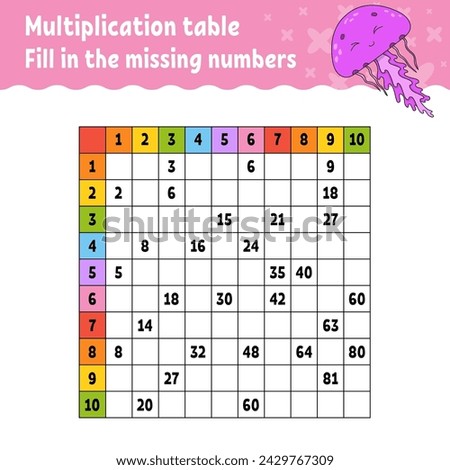 Paste the missing numbers. Learning multiplication table. Handwriting practice. Education developing worksheet. Color activity page. Game for children. Vector illustration.