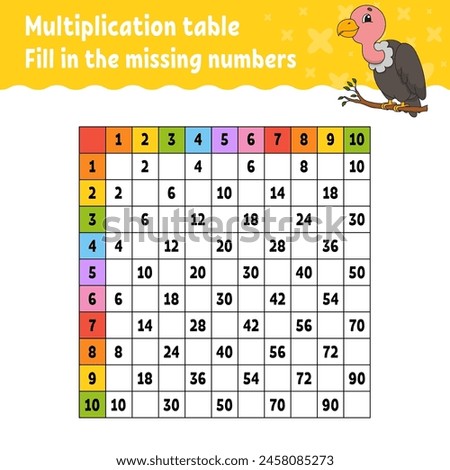 Paste the missing numbers. Learning multiplication table. Handwriting practice. Education developing worksheet. Color activity page. Game for children. Vector illustration.