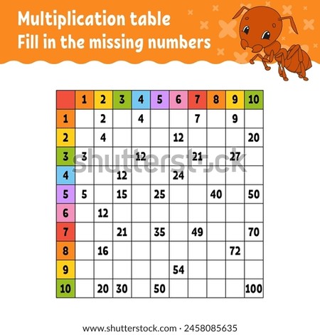 Paste the missing numbers. Learning multiplication table. Handwriting practice. Education developing worksheet. Color activity page. Game for children. Vector illustration.